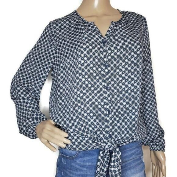 Giuliana geometric Button-Front Long Sleeve Blouse W/ Tie Waist navy and white S - Picture 6 of 9